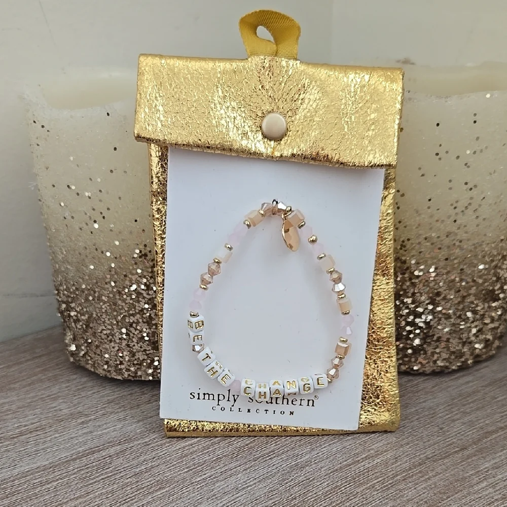 NWT Simply Southern 'Be The Change' Gold & Pink Beaded Bracelet - Picture 1 of 4